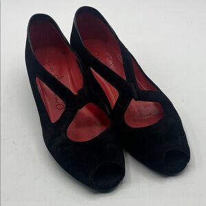 Pas de Rouge Black Suede Peep-Toe Heels with Red Insole